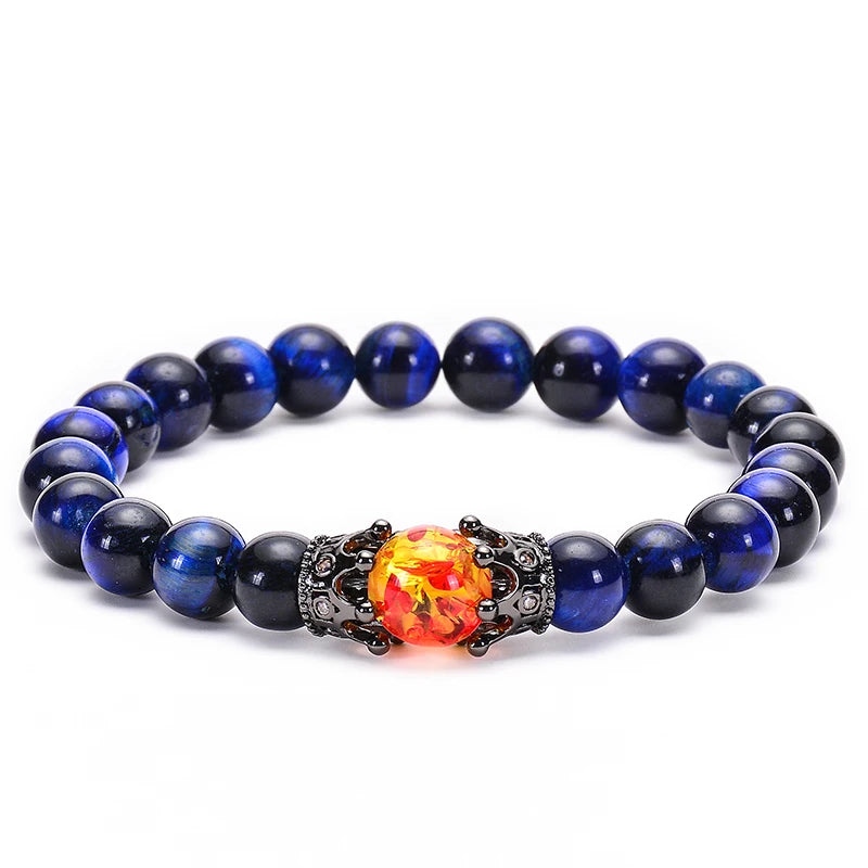 Pulseira de Contas CZ Crown Bead King&Queen com Pedra Olho de Tigre para Homens e Mulheres, Pulseira de Contas de Cristal de Pedra Natural, Joia com Pingente