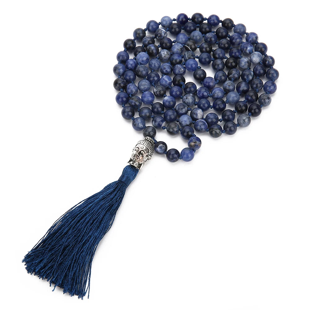 108 Mala Natural Sodalite Feito à Mão Nó Frisado Meditação Yoga Grande Cabeça de Buda Borla Colar Longo