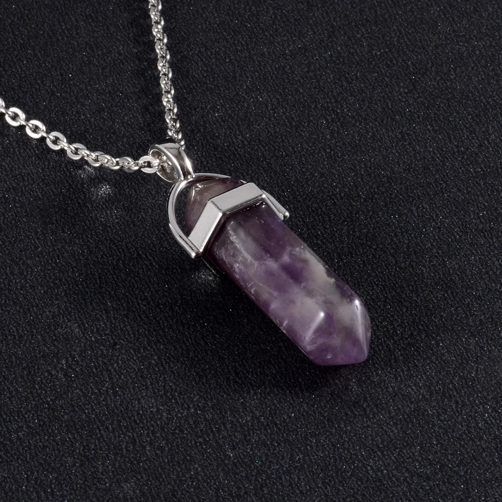 1 pçs de aço inoxidável natural quartzo obsidiana cristal hexagonal chakra ponto cura pêndulo pedra pingente colar para presente