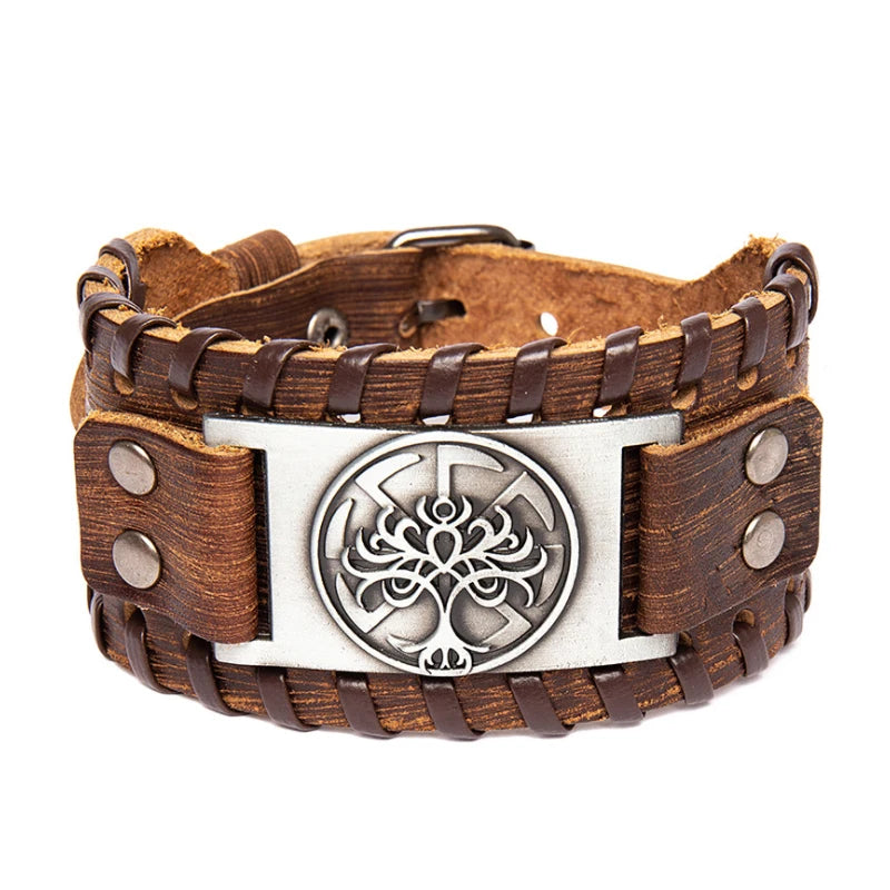 Moda árvore da vida totem viking pulseira masculina charme pulseira nova moda couro tecido acessórios festa hip hop punk jóias