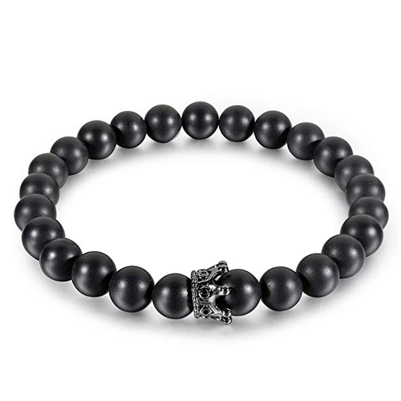 Pulseiras de Distância Coroa Rei e Rainha para Casal, Pulseira de Pedra Natural Howlite Preta Fosca de 8mm, Pulseira Elástica com Contas de Cura
