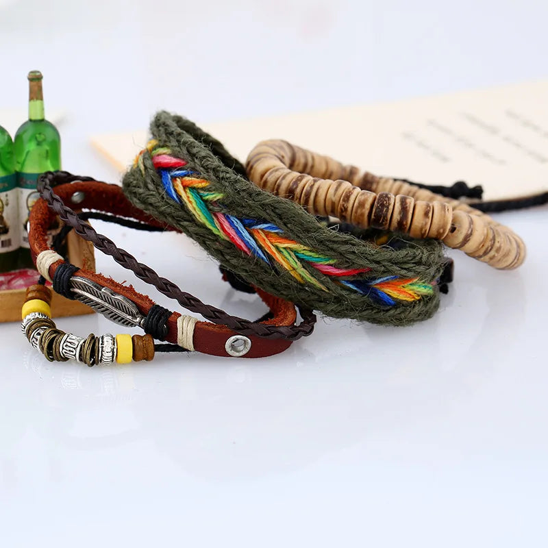 3 Pçs/set Boho Hippie Gypsy Punk Bege Madeira De Coco Contas De Madeira Marrom De Couro Cabo de Envoltório Macrame Pulseiras Envoltório Conjunto para o Homem