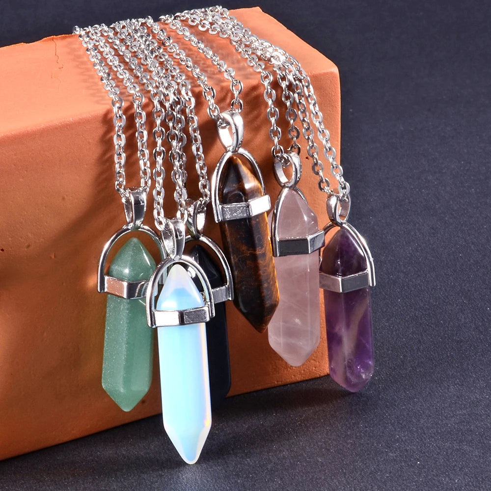 1 pçs de aço inoxidável natural quartzo obsidiana cristal hexagonal chakra ponto cura pêndulo pedra pingente colar para presente