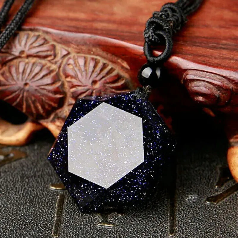 Colar de seis estrelas com pedra de areia azul, pingente de aventurina, colar de estrela de obsidiana natural, amantes da sorte para mulheres e homens