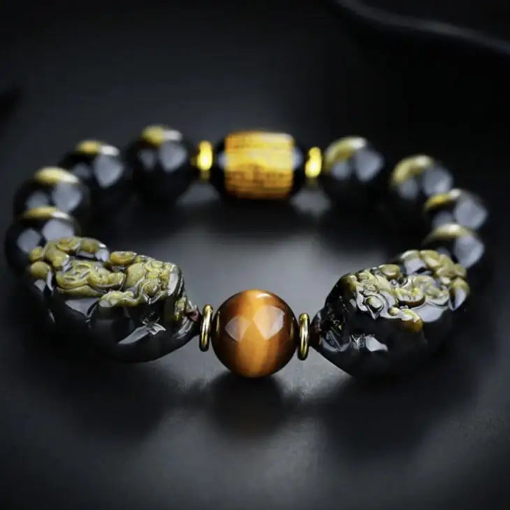 Natural méxico ouro obsidiana duplo pi xiu pulseira duplo um dólar pixiu estilo masculino requintado escultura mão corda atacado
