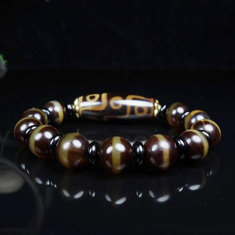 Pulseira de Ágata Dzi tibetana para Homens e Mulheres, Jóias Finas, Genuine 9 Eye Tibetan Old Agate Dzi Buddha Beads Bangle, Amuleto da Sorte
