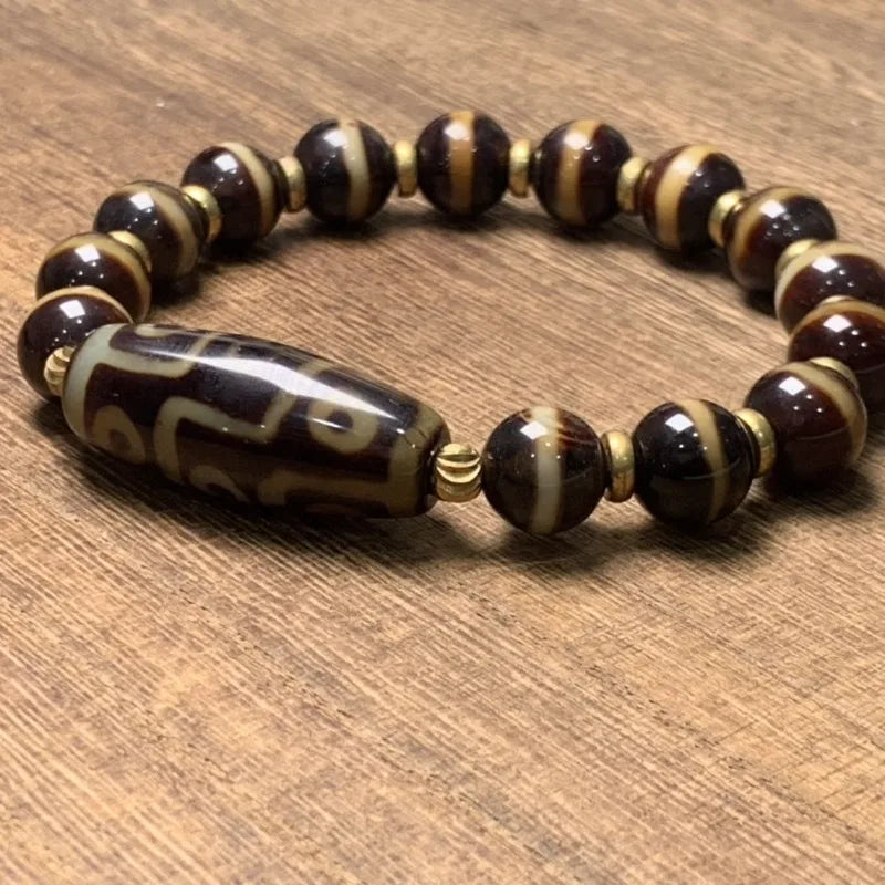 Pulseira de Ágata Brilhante Dzi Boutique, Pulseira Tibetana de Nove Olhos para Homens e Mulheres