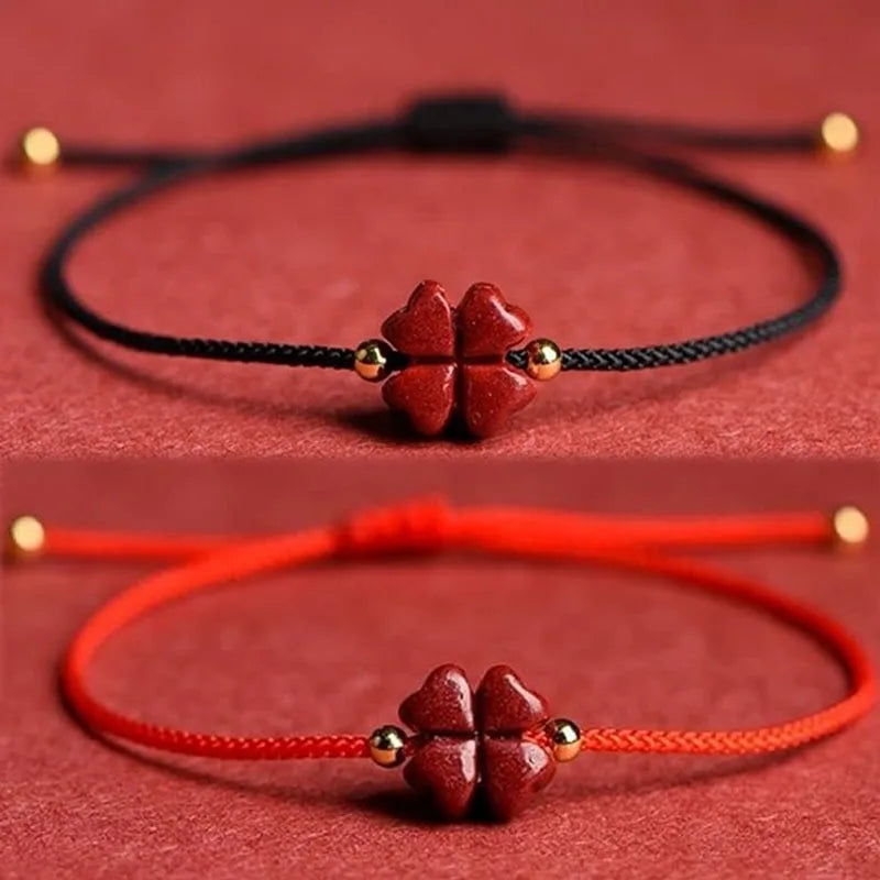 Cinábrio sorte trevo de quatro folhas corda vermelha frisado pulseiras para mulheres homens artesanal trançado vermelho preto corda sorte pulseira jóias