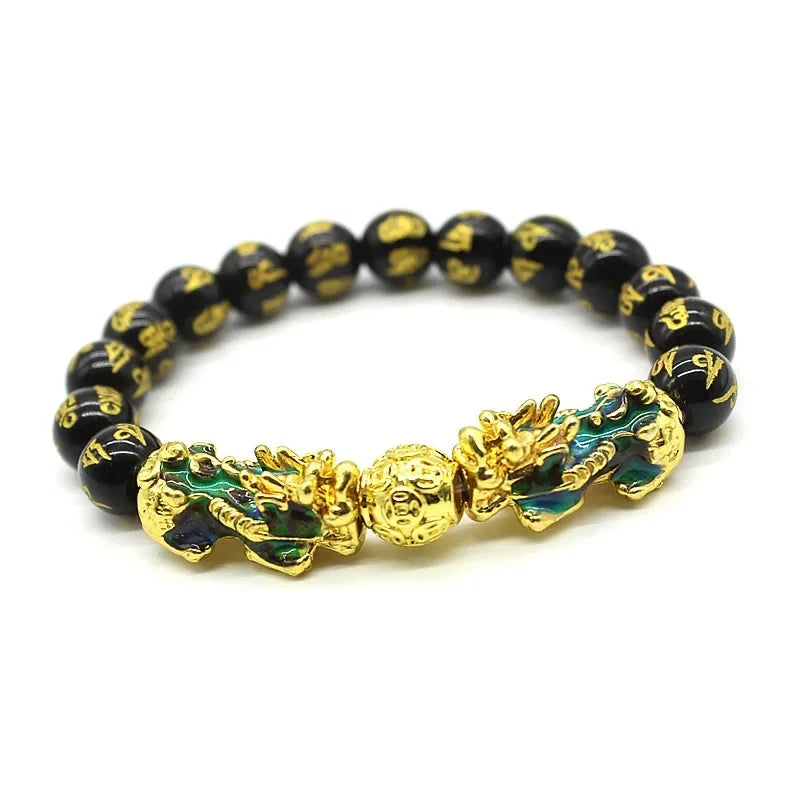 Pulseiras unissex de pedra obsidiana, pulseira chinesa fengshui dupla pixiu que muda de cor, riqueza, boa sorte, homens e mulheres