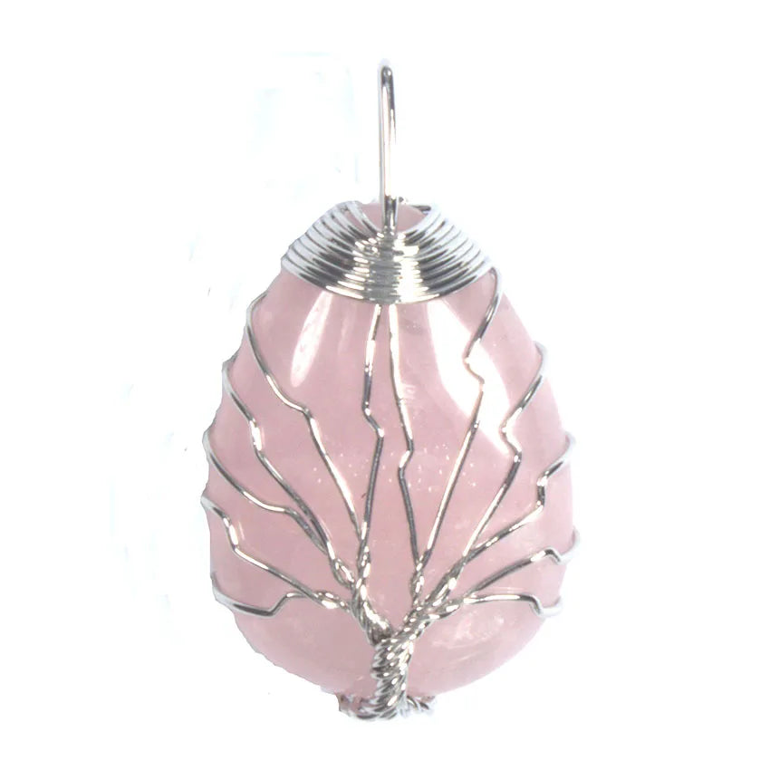Pingente de Ágata com Cristais de Cura em Quartzo Rosa e Ametista Roxa Natural, com Design de Árvore da Vida e Gota de Água, Enrolado em Arame, Joia para Mulheres