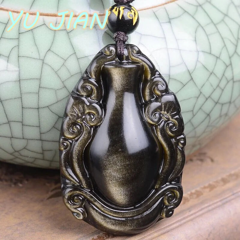 Pingente de Vaso de Obsidiana Fina, Colar Natural Preto e Dourado com Corrente de Pérolas, Joias de Moda para Casais