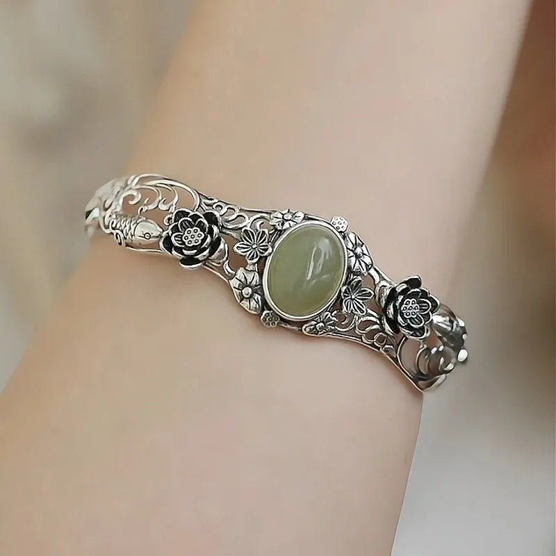 925 prata vintage flor de lótus koi pulseiras para mulheres oco esculpido natural hotan jade verde pulseira banquete jóias