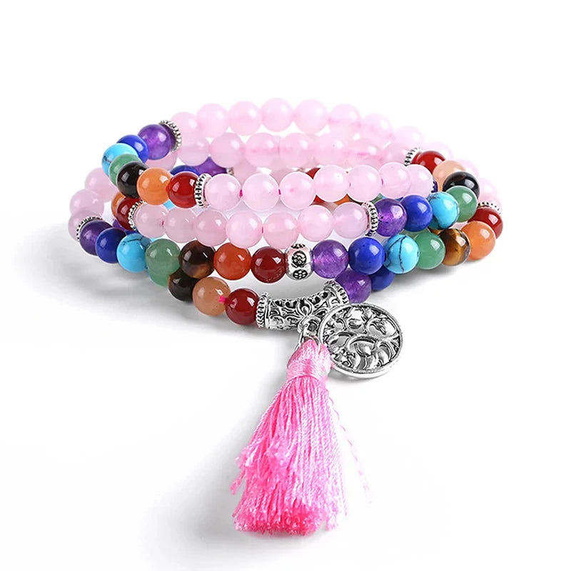 Pulseira de pedra preciosa natural, quartzo rosa, olho de tigre, 108 mala, contas de oração, envoltório de cura, 7 chakras, joias de meditação e662