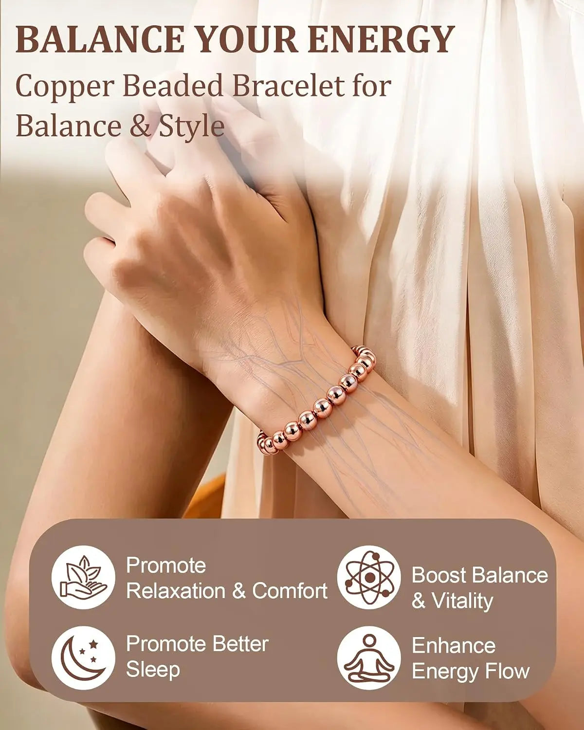 Pulseira de contas de cobre puro ARADOO para mulheres e homens, presentes de joias