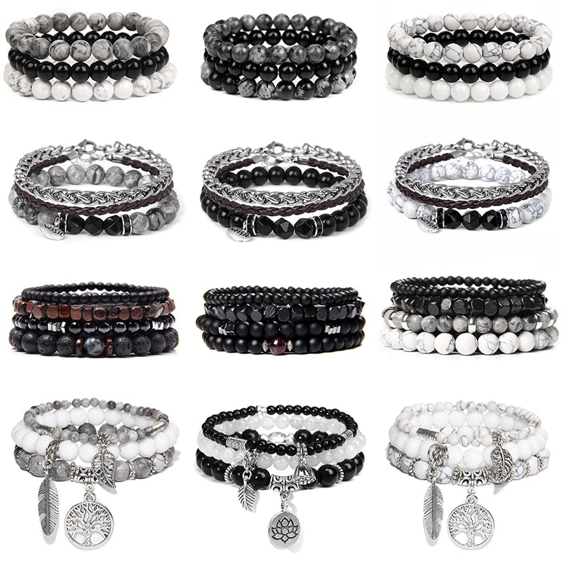 Conjunto de pulseras de cuentas y cuero