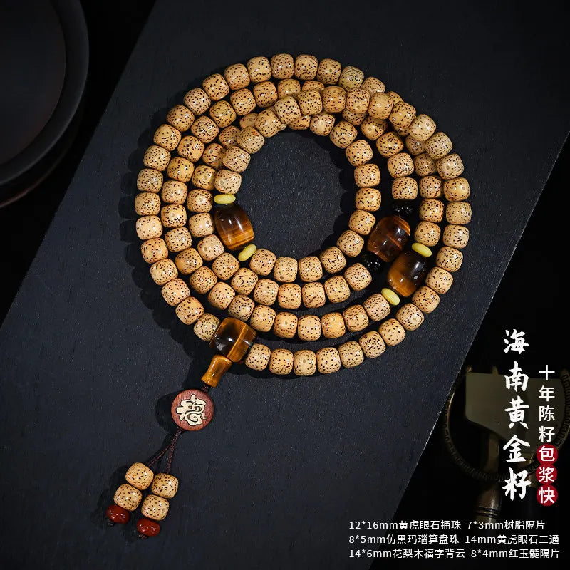 Pulseira de Contas 108 Sementes de Bodhi Douradas Naturais Envelhecidas Estrela e Lua, Contas de Oração Wenwan Mala para Homens e Mulheres, Joia para Alívio do Estresse, Presente