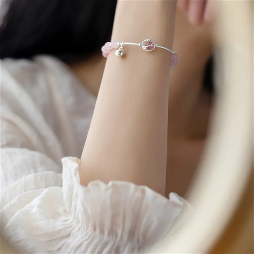 S925 Pulseira de prata Pingente de sino para mulheres, quartzo morango natural, quartzo rosa, artesanal, romântico, joias finas, presente para menina