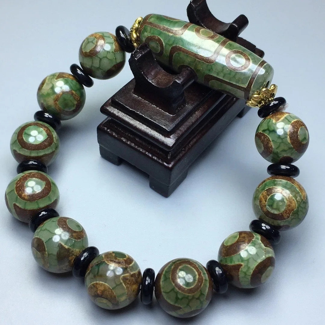 Green Jade 9 Eye Tibet Dzi Bead Pulseira para Homens, Budismo Tibetano, Ágata Fengshui, 3 Olhos Dzi Beads, Pulseiras de Amuleto de Sorte