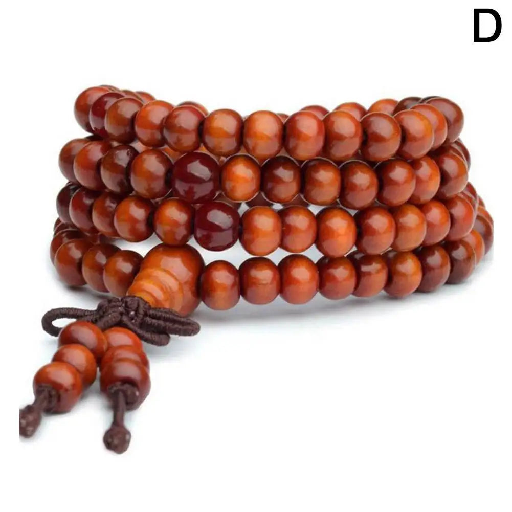 Terço de Contas Budistas de Sândalo Vermelho Estilo Chinês com Folha Pequena, Pulseira e Colar de Contas Multicamadas com Laca para Homens e Mulheres