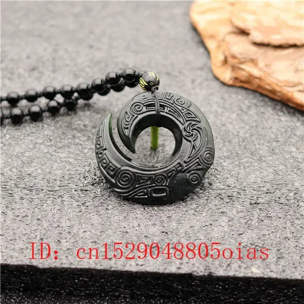 Chinês natural preto verde jade decorativo runa pingente contas colar charme jóias obsidiana dupla face esculpida amuleto presentes