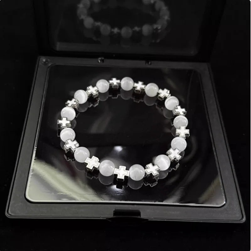 Moda vintage cruz frisado pulseiras para homens proteção de saúde ins estilo retro fosco pedra pulseiras na mão