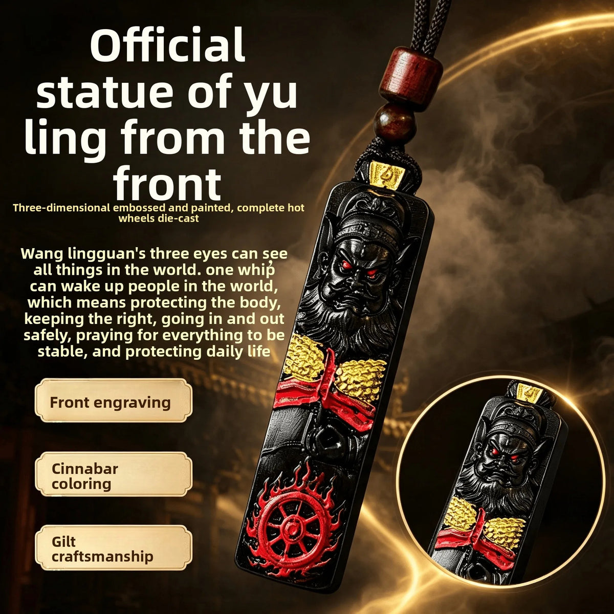 Colar de cordão de madeira com pingente longo de roda do Dharma, entalhado à mão, em madeira de ébano, com o taoista chinês Wang Lingguan, amuleto de madeira auspicioso, da sorte e de bênção.