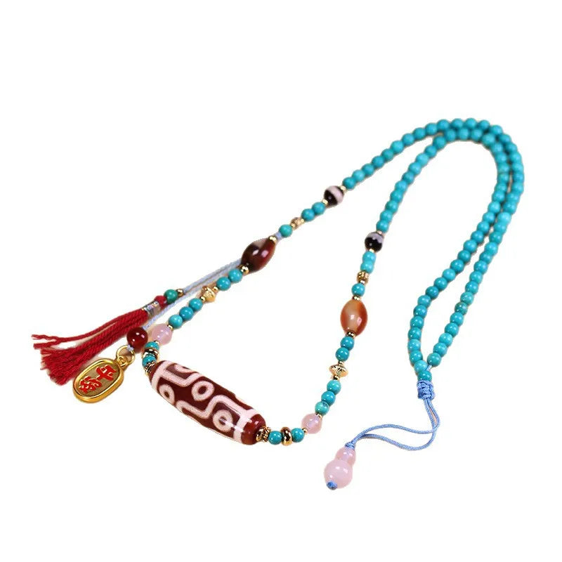 Colar de Turquesa com Pedra Natural Tibetana Genuína de Mina Antiga, Conta Dzi de Nove Olhos, aproximadamente 13x39mm