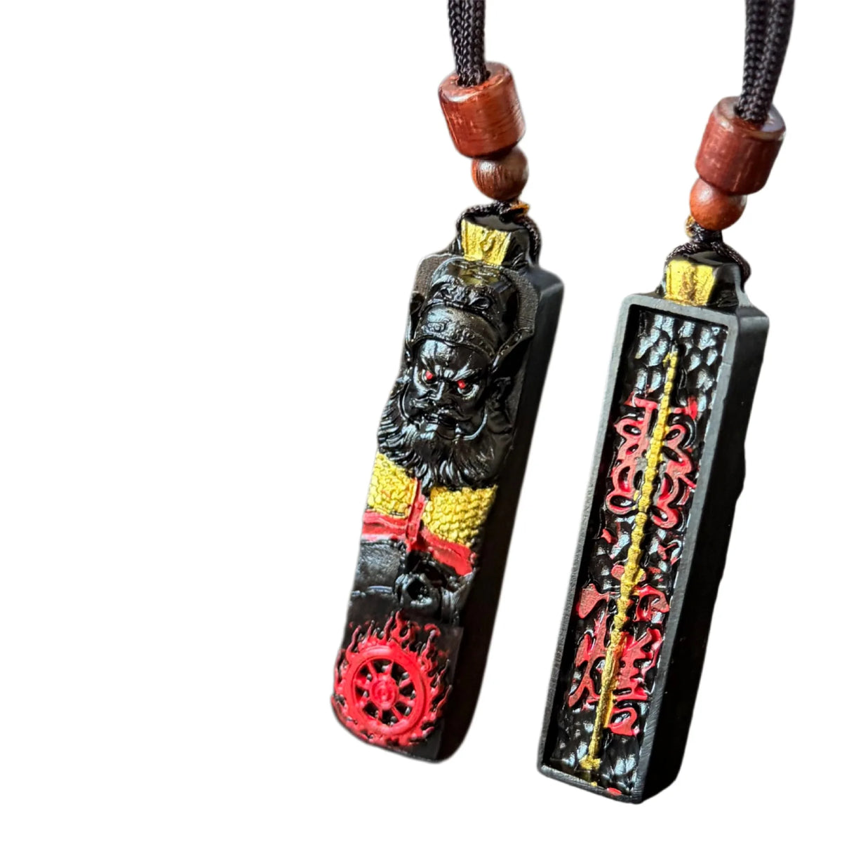 Colar de cordão de madeira com pingente longo de roda do Dharma, entalhado à mão, em madeira de ébano, com o taoista chinês Wang Lingguan, amuleto de madeira auspicioso, da sorte e de bênção.