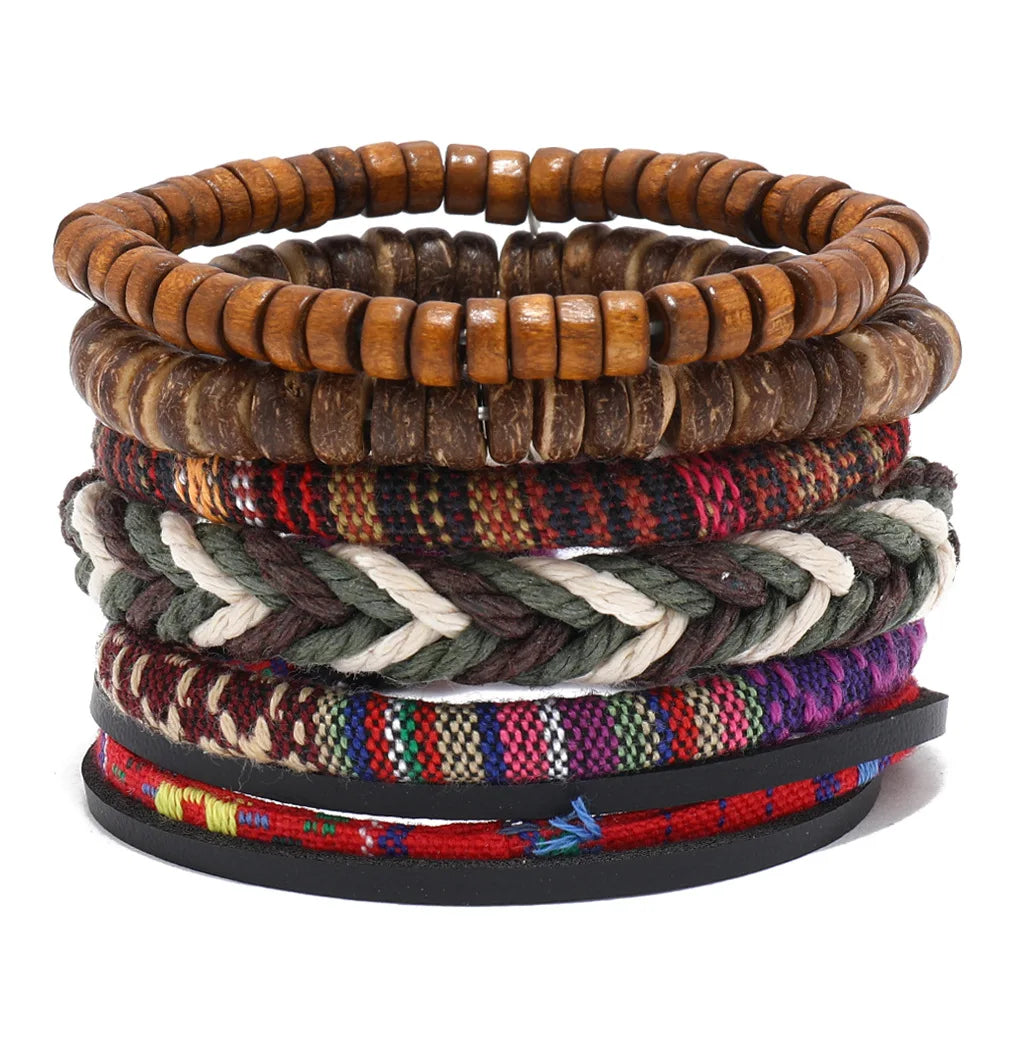 Pulseira de couro boêmio masculina, pulseira tecida à mão, pulseira de contas de madeira para homens, pulseira com pingente, joias masculinas