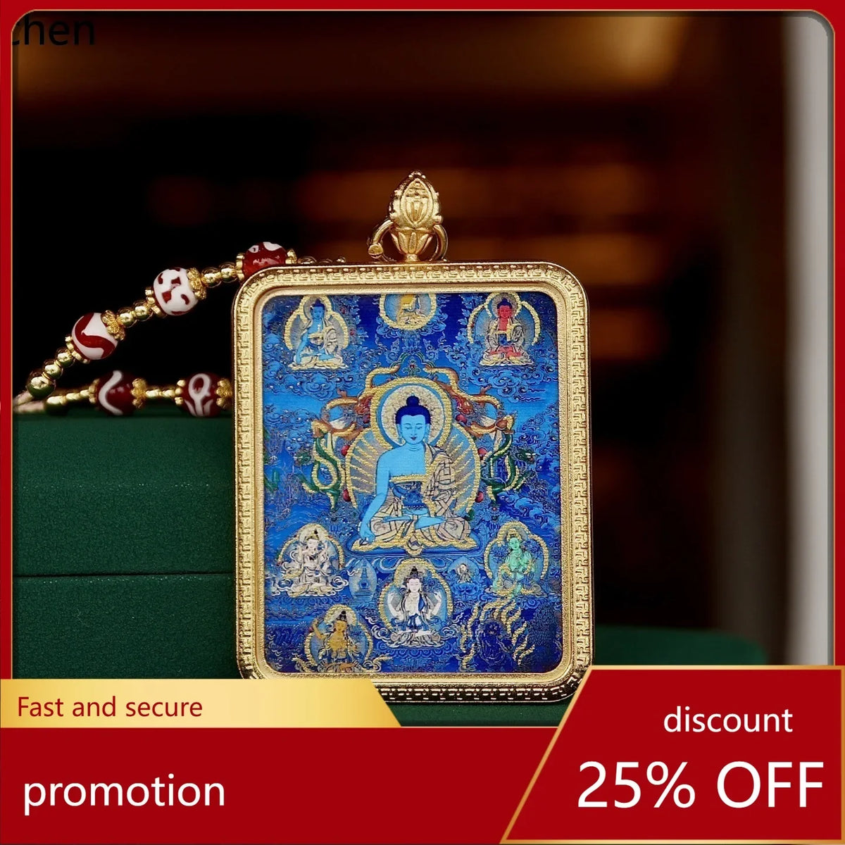 Colar Buda da Medicina Thangka FX-22 em Aço Titânio com Pigmento Mineral Vegetal - Patrimônio Cultural Imaterial