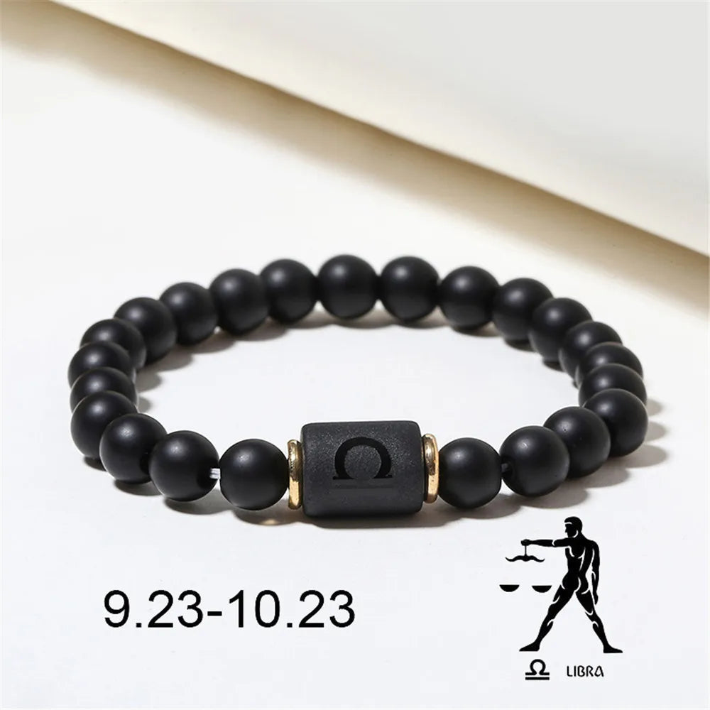 Zodiac Frisado Pulseiras para Homens e Mulheres, 12 Constelações, Ágata Matte Preto, Corda Elástica, Contas Pulseira, Casal Jóias, Presentes