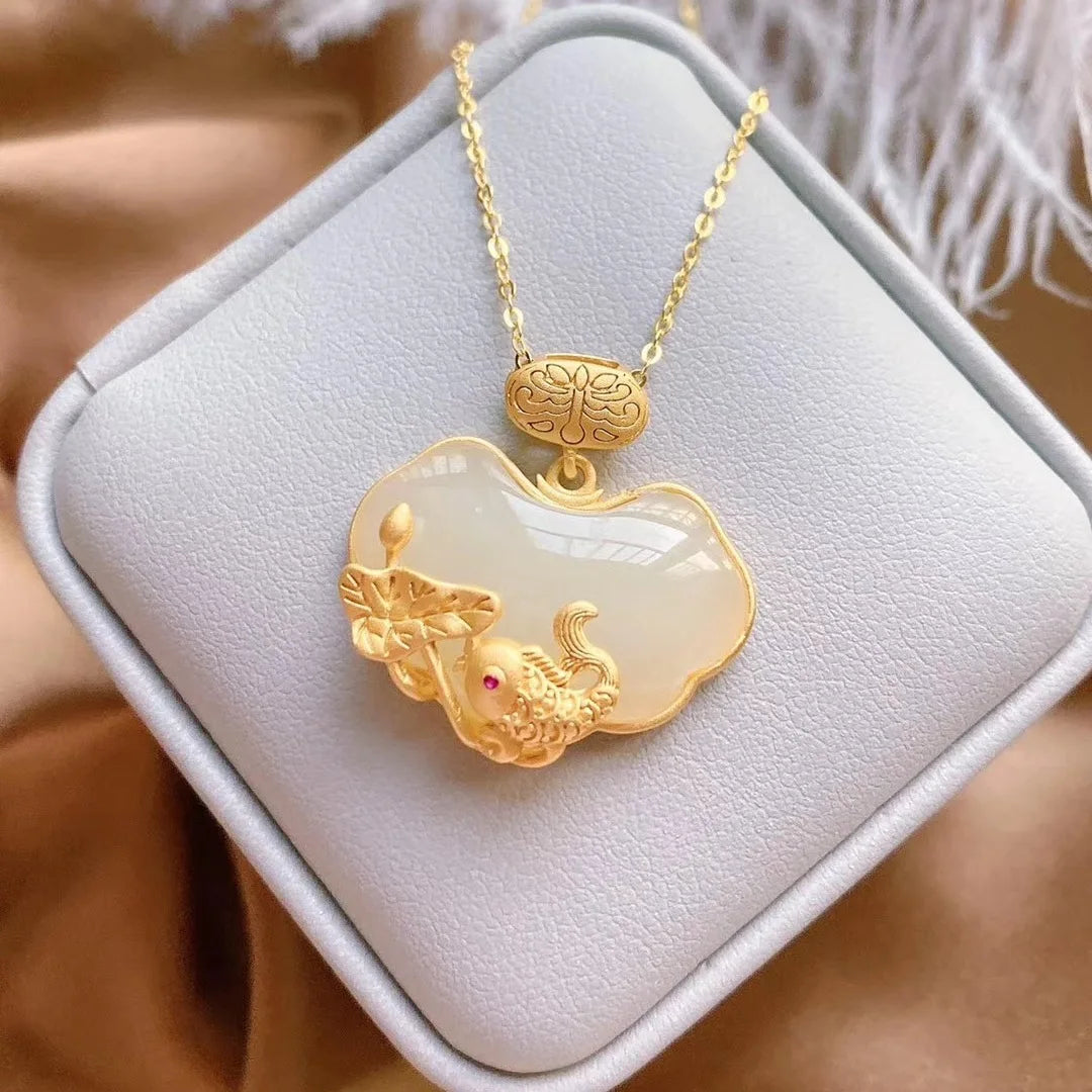 Pingente de Jade Hetian com Peixe Koi da Sorte Chinês, Colar Retro em Prata Esterlina S925 para Mulheres, Boa Sorte, Riqueza, Bênção e Fortuna