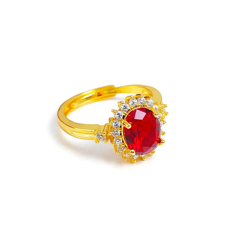 Anel de ouro 24k com granadas e cristal vermelho natural 9999, ajustável, joia feminina de ouro.
