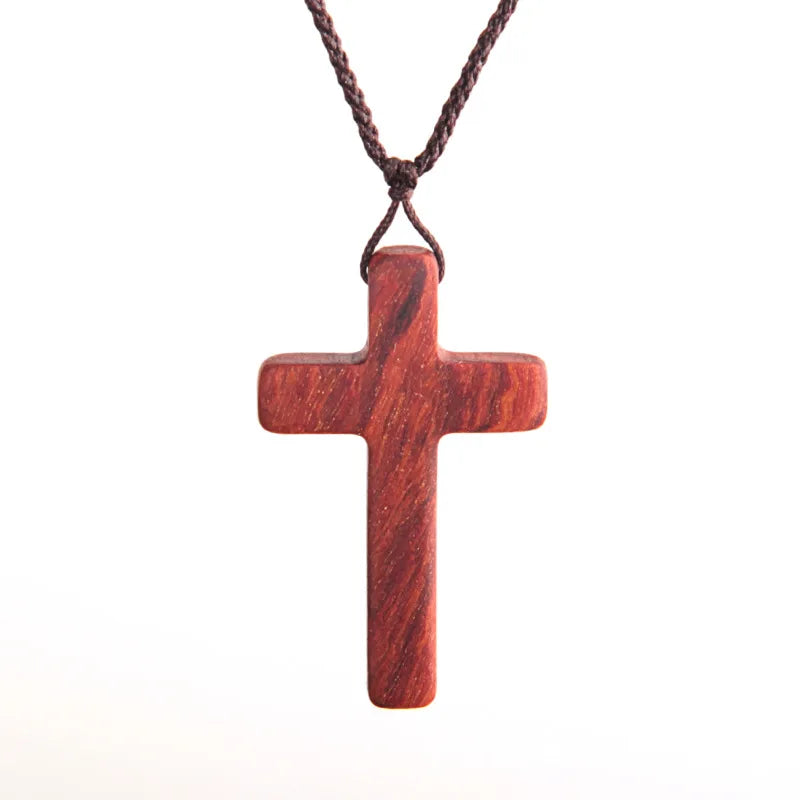 Colar com pingente de ébano crucifixo feito à mão, corda trançada de madeira, acessórios de personalidade, tricotados à mão