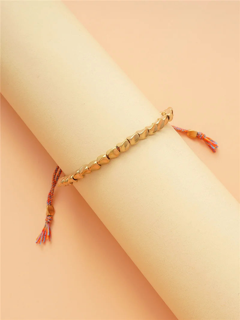 Pulseiras Budistas Tibetanas Feitas à Mão para Mulheres, Pulseira de Corda com Contas de Cobre Irregulares e Amuletos para Mulheres