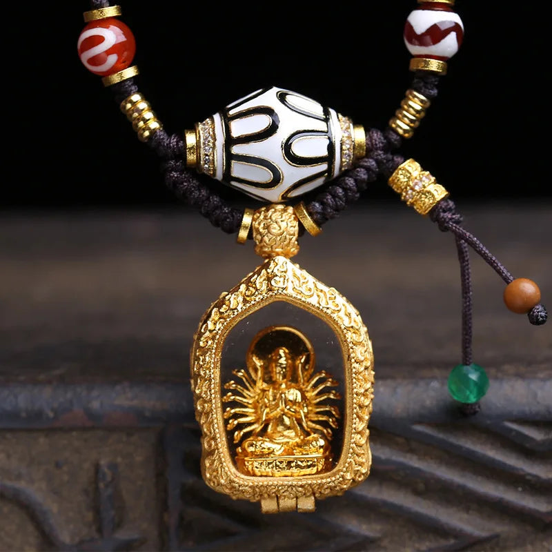 Colar, pulseira, caixa de contas em estilo tibetano, pingente de Guanyin com mil mãos, corrente para a clavícula, turquesa, ágata, contas Dzi, H