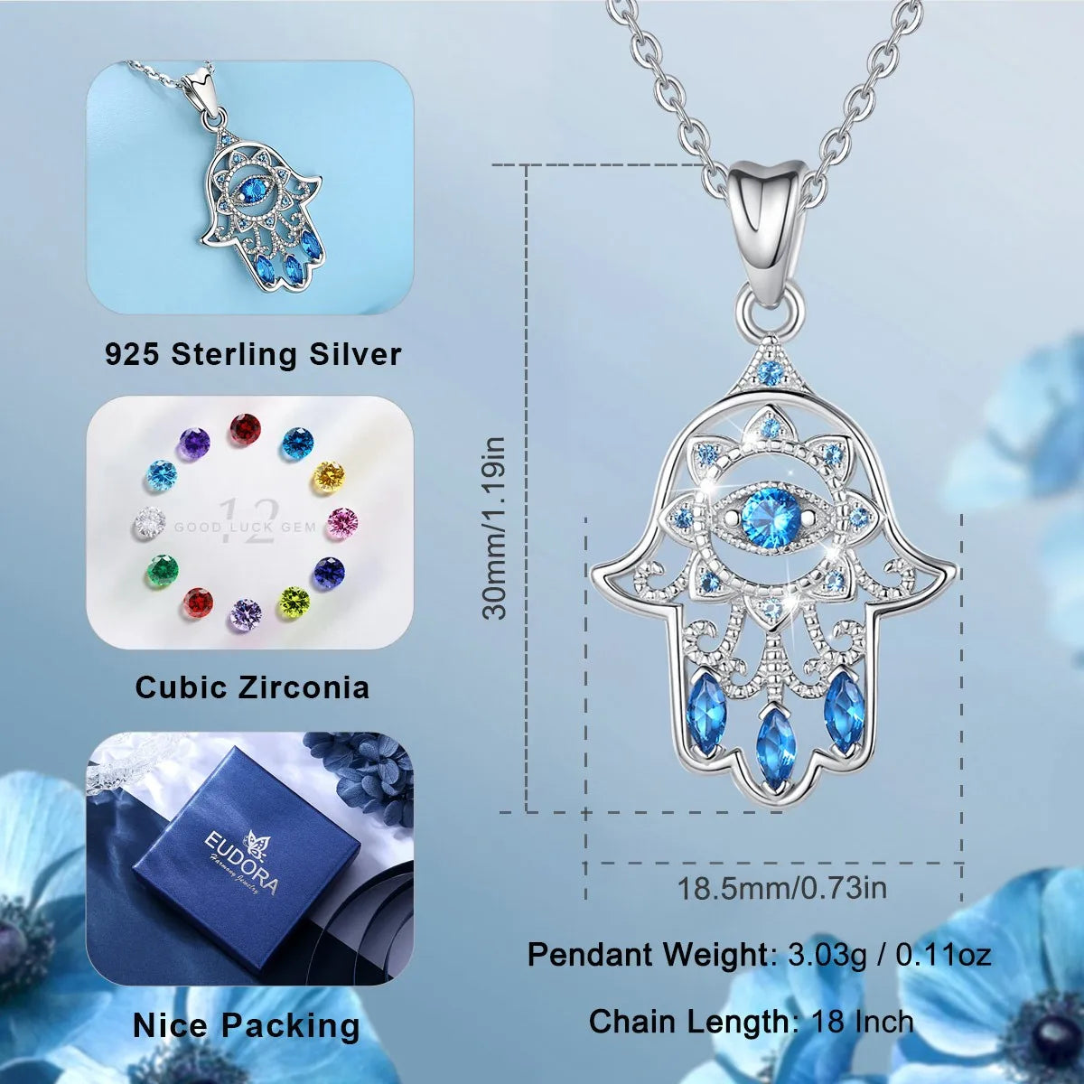 Colgante Hamsa con cristal azul