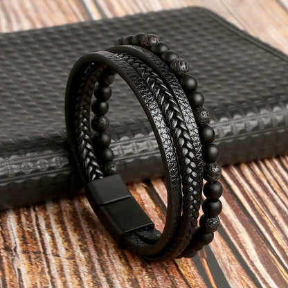 Pulseira masculina vintage de pedra natural lava ônix preto fosco pulseira de couro multicamadas com contas