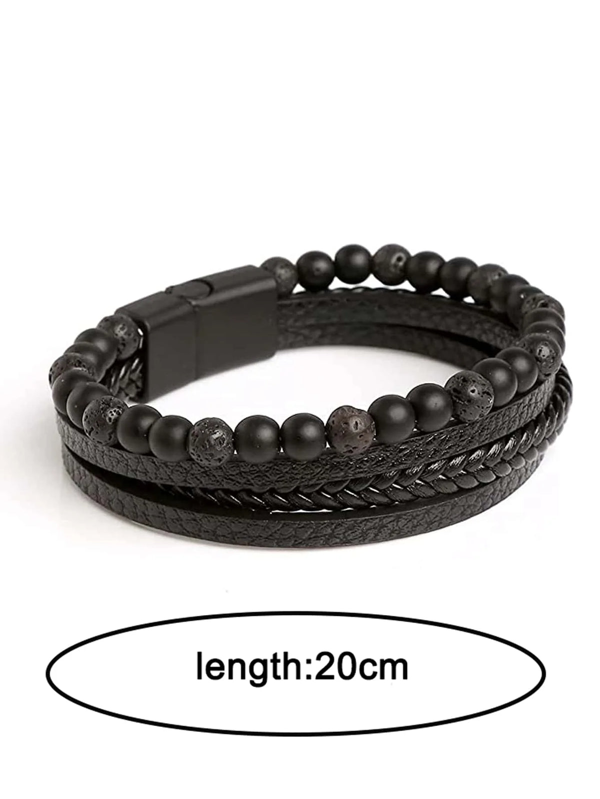Pulseira masculina vintage de pedra natural lava ônix preto fosco pulseira de couro multicamadas com contas