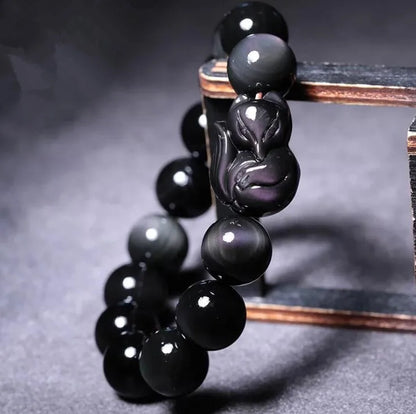 Pulseira de obsidiana com olhos de arco-íris, pulseira masculina de obsidiana dourada, raposa de olhos verdes, círculo único, joias de cristal para casal