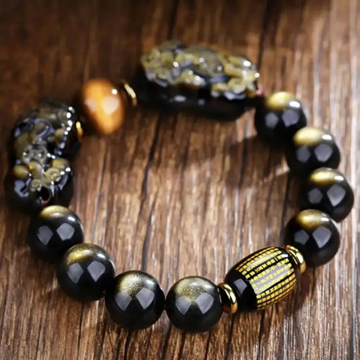 Natural méxico ouro obsidiana duplo pi xiu pulseira duplo um dólar pixiu estilo masculino requintado escultura mão corda atacado