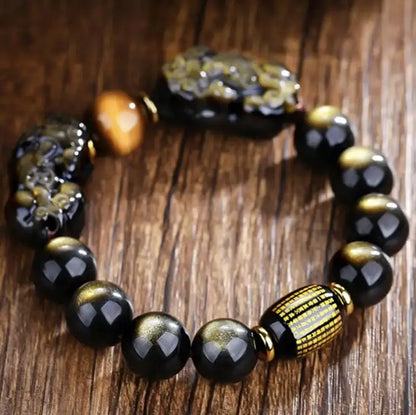 Natural méxico ouro obsidiana duplo pi xiu pulseira duplo um dólar pixiu estilo masculino requintado escultura mão corda atacado