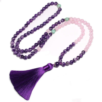 Colar de miçangas de quartzo ametista e rosa, 8mm, coração calmante japamala, joia mala 108, pulseira feminina com contas naturais