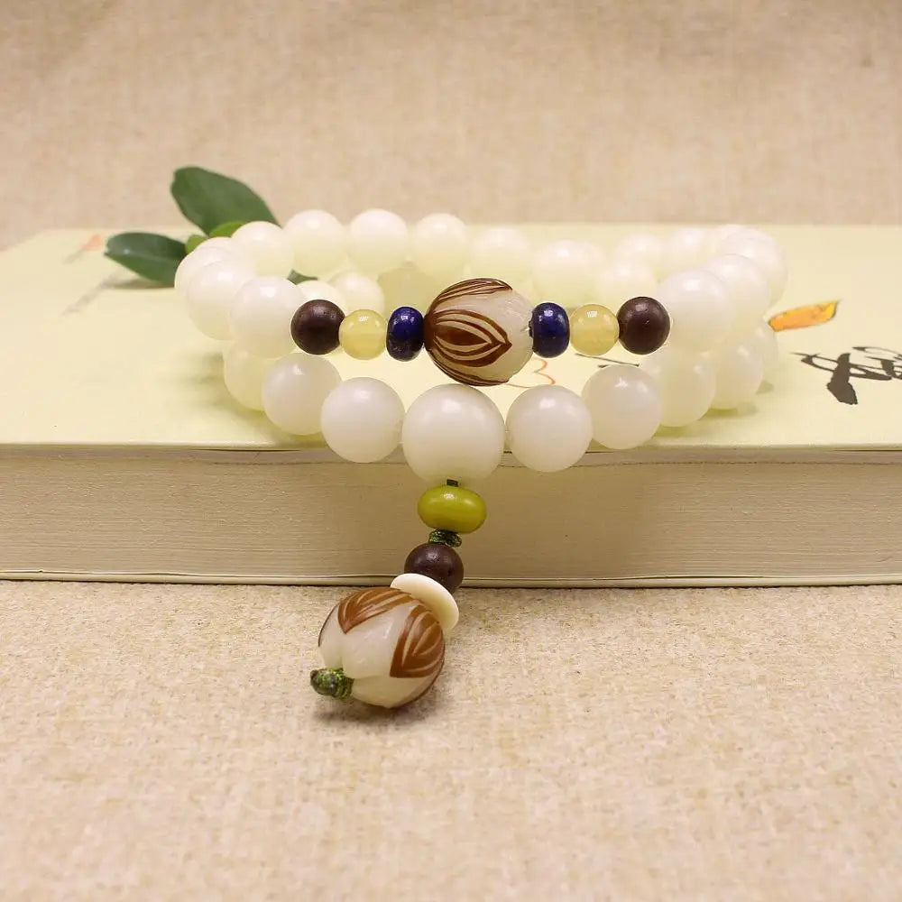 Natural Branco Bodhi Raiz Pulseira de Contas para Mulheres, Lotus Mala, Oração de Cura, Jóias, Design Original, 108