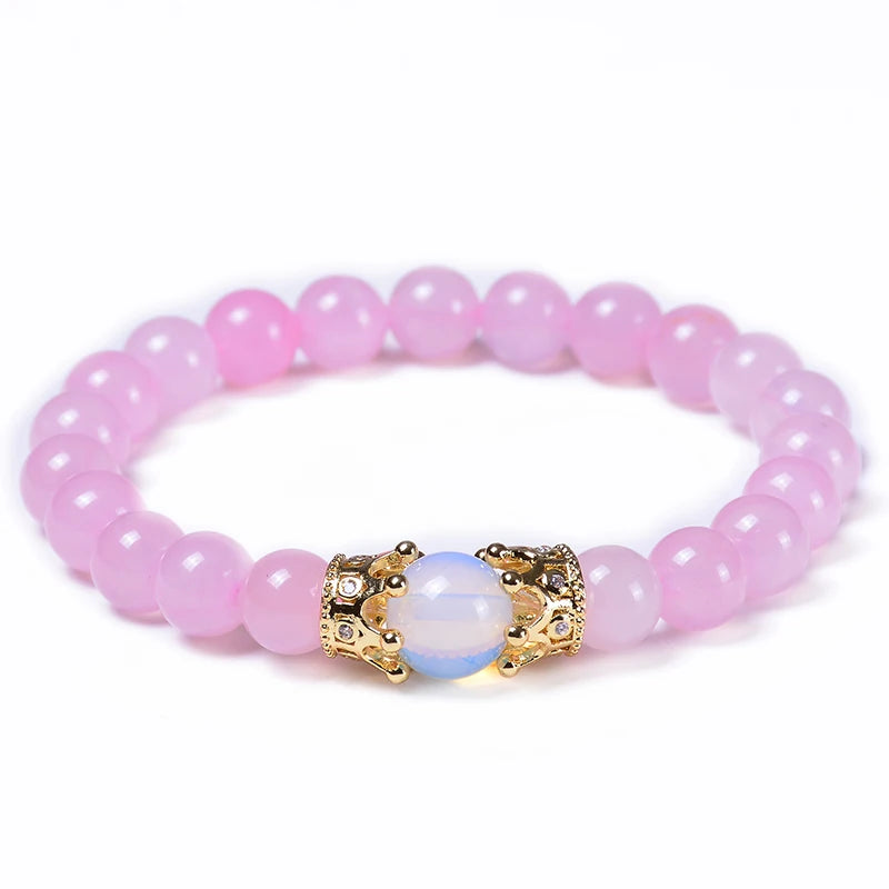 Pulseira de Contas CZ Crown Bead King&Queen com Pedra Olho de Tigre para Homens e Mulheres, Pulseira de Contas de Cristal de Pedra Natural, Joia com Pingente