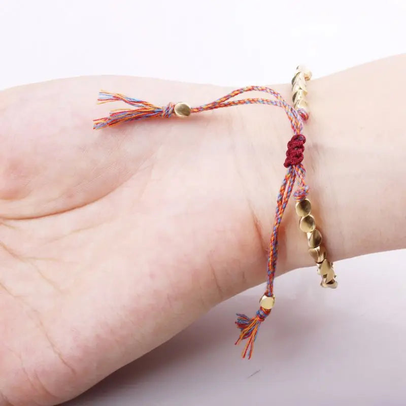 Pulseira de cobre tibetana artesanal, bracelete de corda trançada de algodão budista para proteção boa sorte e sucesso, amuleto