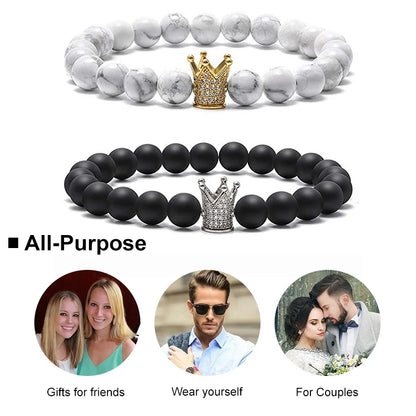 Pulseiras de Casal de Howlite Branca Fosca Preta de 8mm com Coroa de Zircônia Cúbica Rei e Rainha, Pulseiras de Pedra Natural, Pulseira de Distância com Pingente, Joias