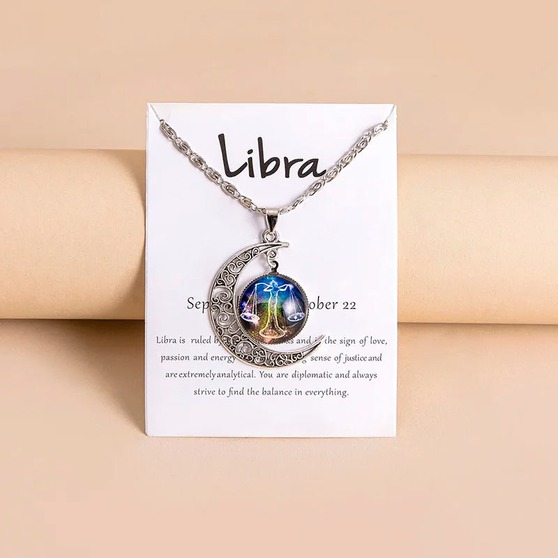 Vintage 12 signos do zodíaco lua pingente colares galáxia estrela colar de vidro para mulheres meninas presentes
