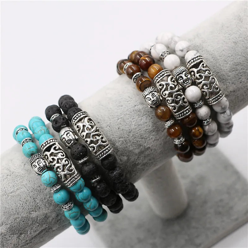 Yizizai 2 pçs/set tibetano cabeça de buda pulseira jóias pedra natural grânulo pulseiras das mulheres dos homens lava ônix turquesa jóias presente