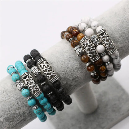 Yizizai 2 pçs/set tibetano cabeça de buda pulseira jóias pedra natural grânulo pulseiras das mulheres dos homens lava ônix turquesa jóias presente